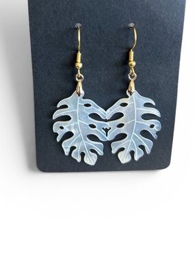 Gold-Accent Iridescent Monstera Leaf Dangle Earrings - Women Jewelry